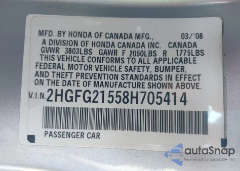 2008 Honda Civic Si z USA, uszkodzony, nr VIN 2HGFG21558H705414